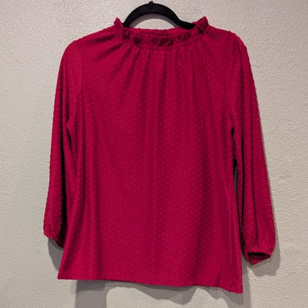 Adrianna Papell * Red Clip Dot Ruffle Neck Blouse * Women’s Size Small